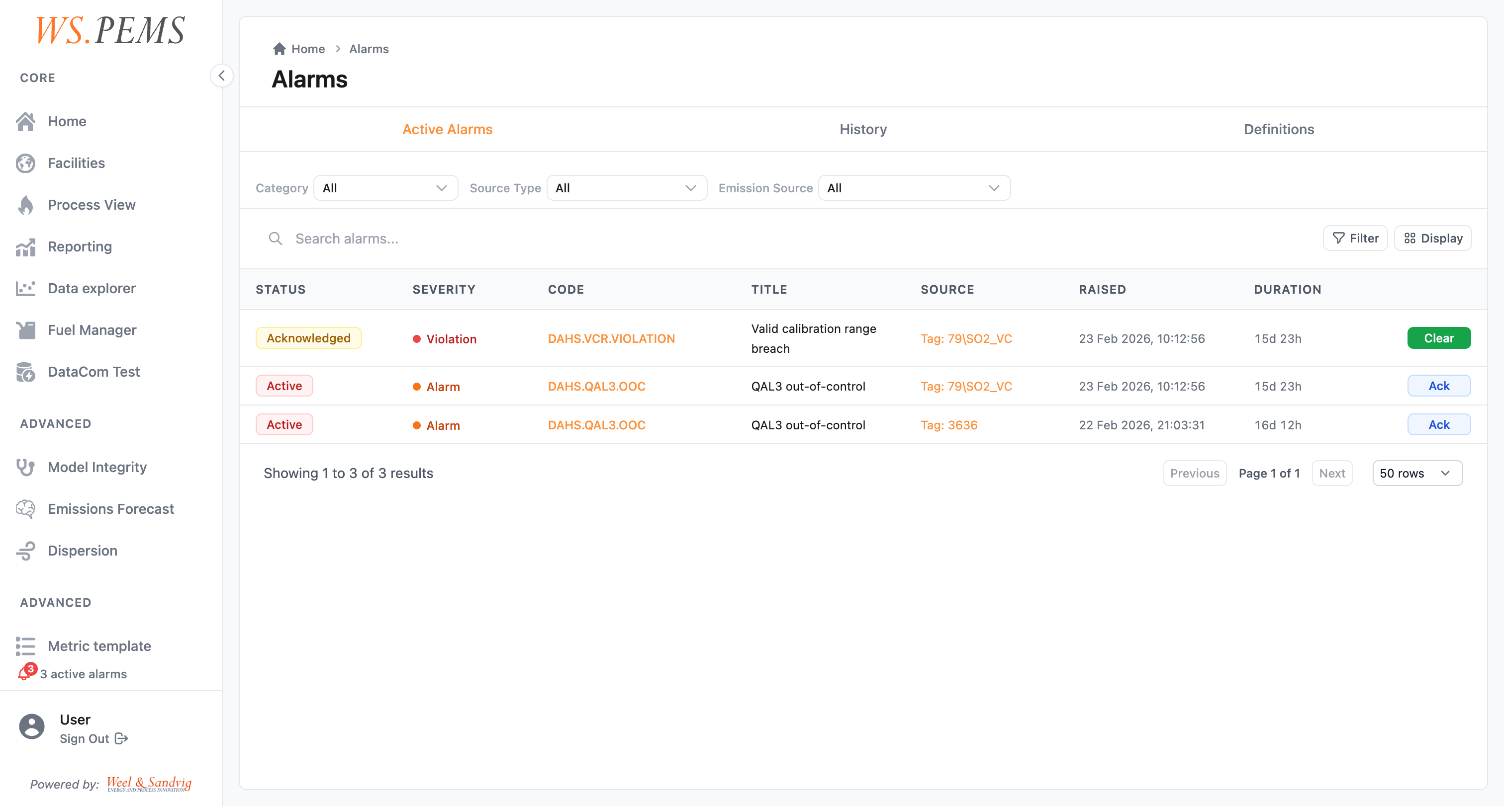 Alarm list with severity color-coding and filters