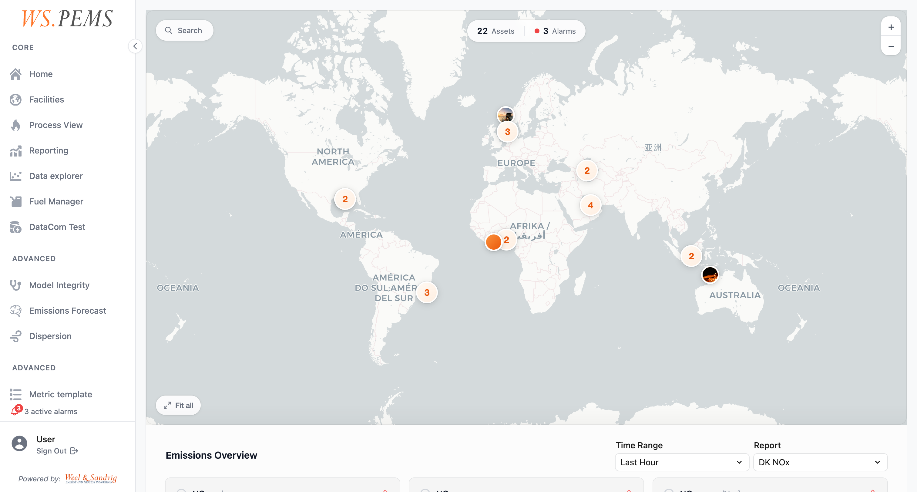 The Overview page with map and asset markers