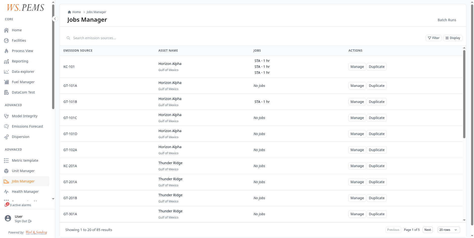 Jobs Manager list view