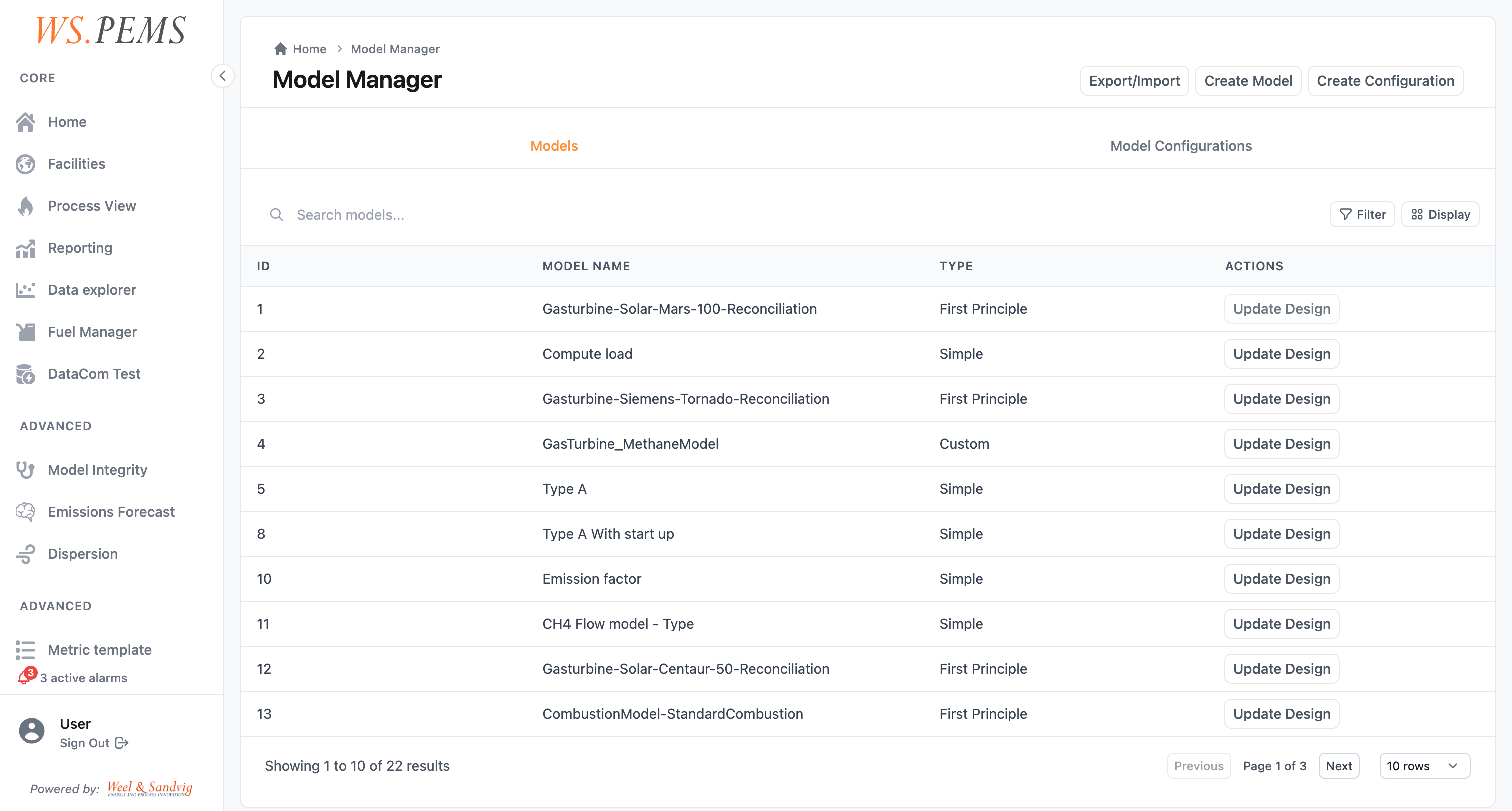Model Manager list showing available calculation models