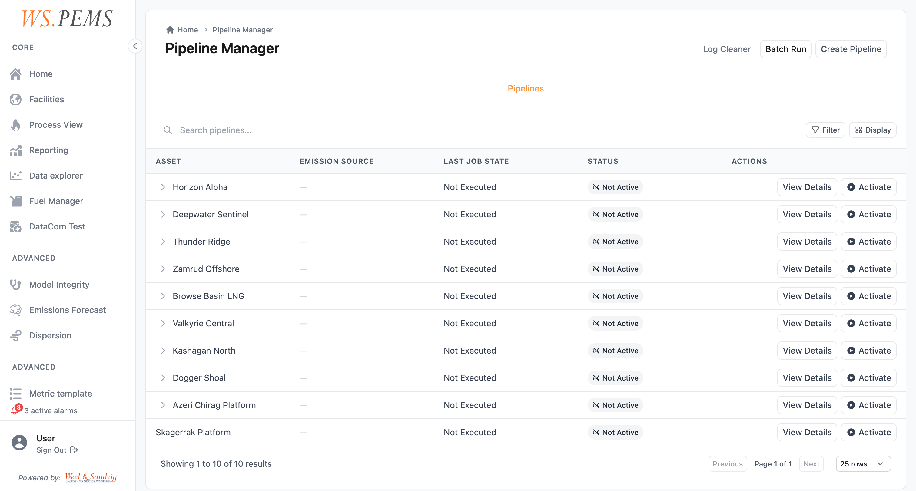Pipeline Manager list view