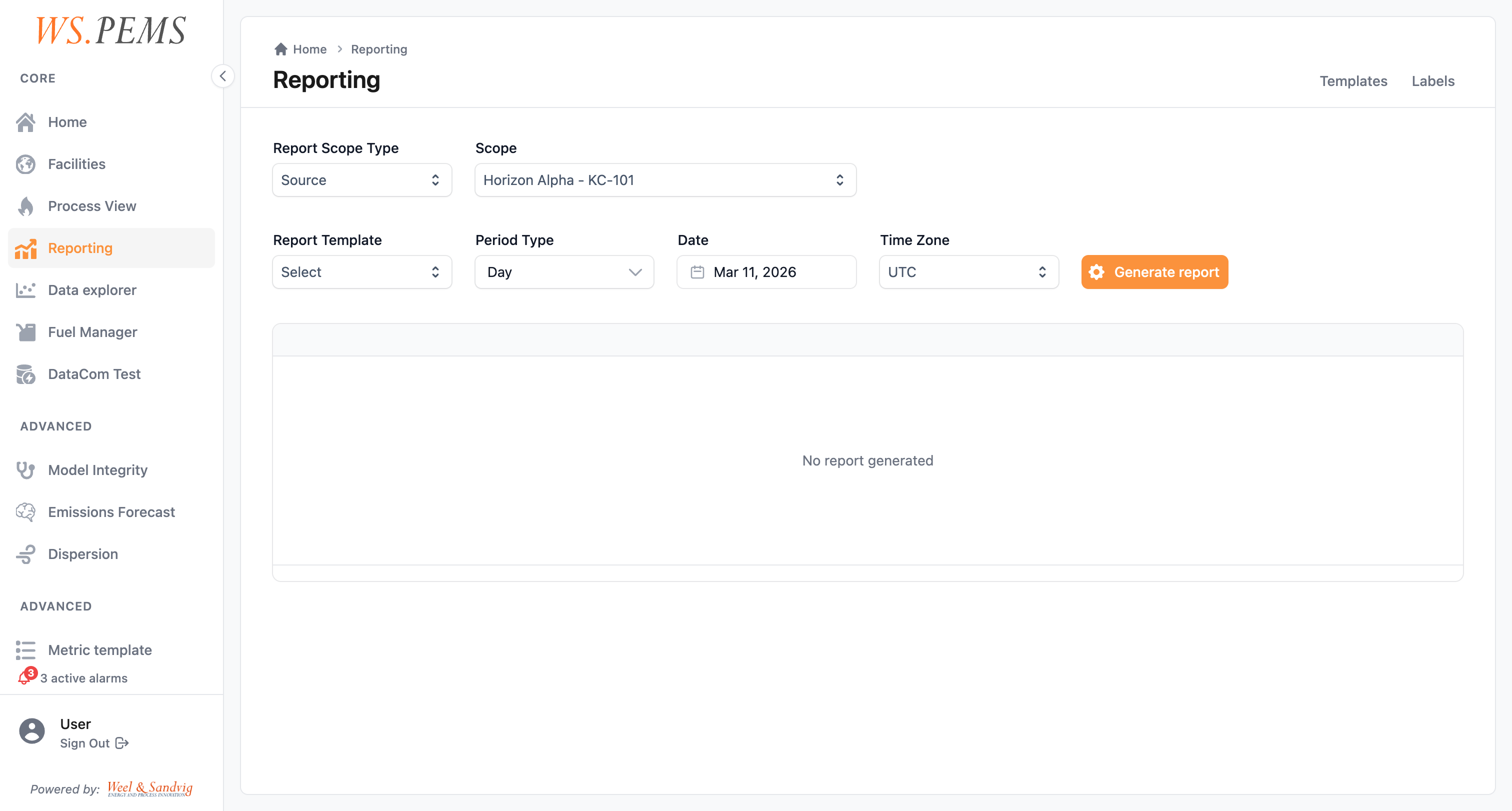 Report generation page with source selector, date range, and template options