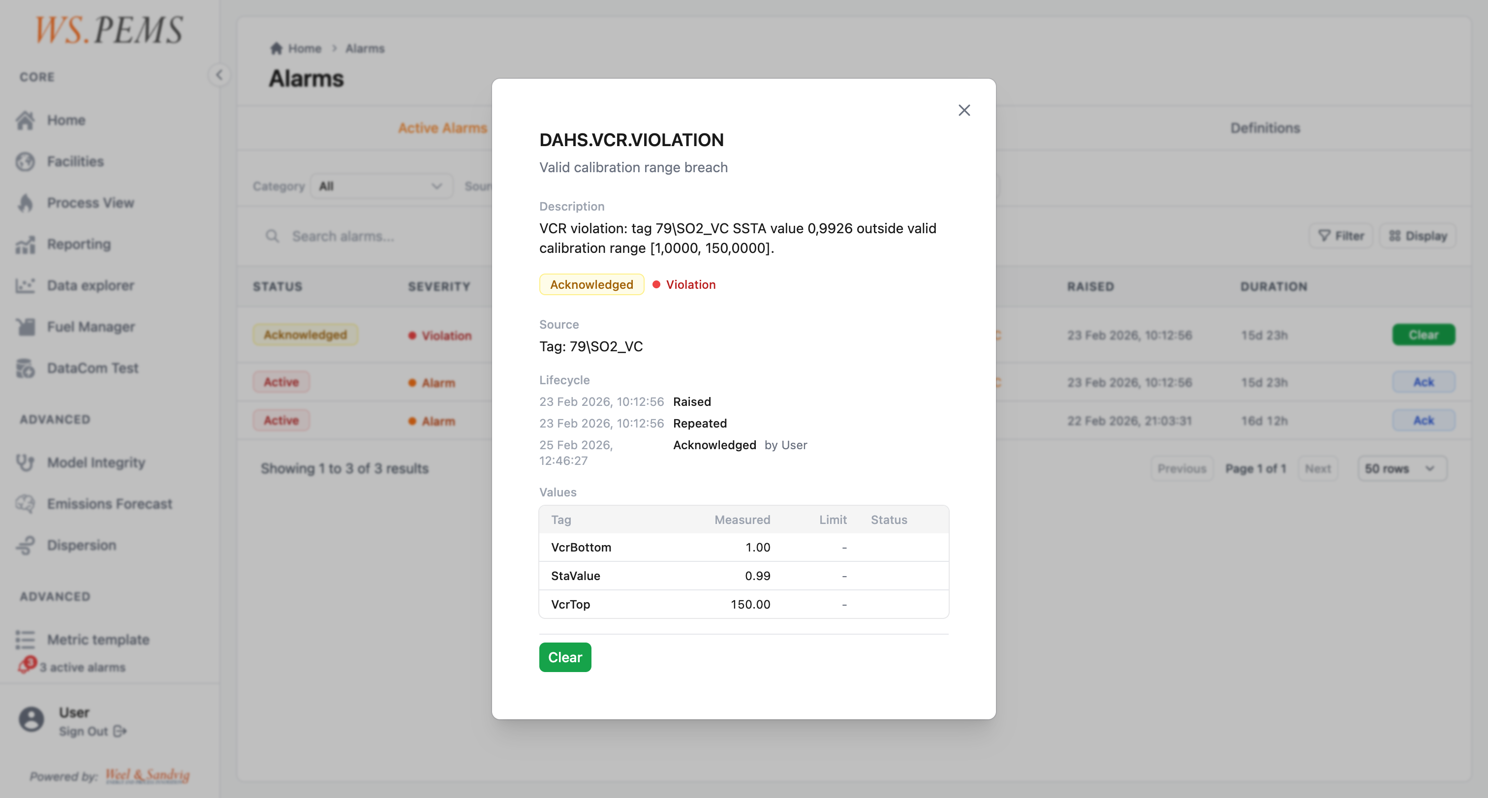 Alarm detail view with value snapshot and lifecycle history